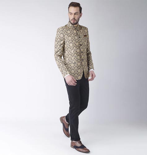 Men Brown & Beige Printed Single-Breasted Bandhgala Blazer